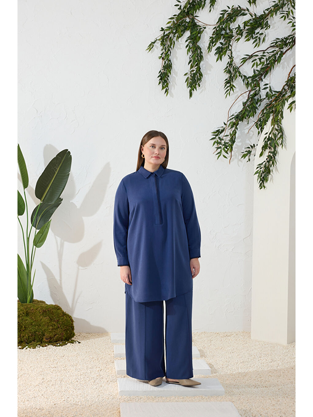 Lacivert Çoban Nakışlı Tunik