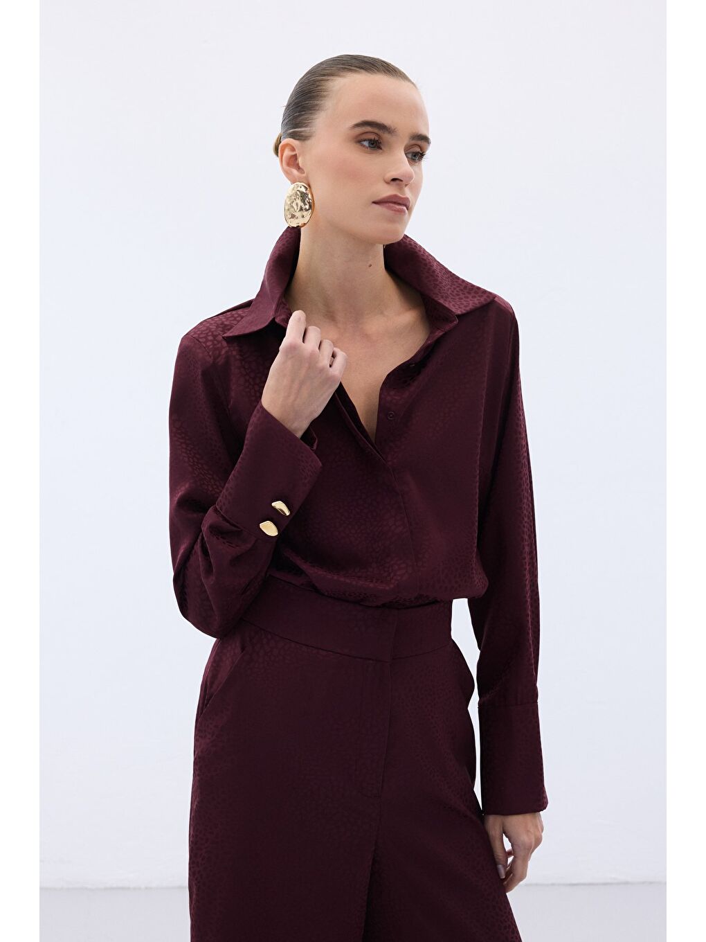 Jakarlı Düz Gömlek - Bordo-1