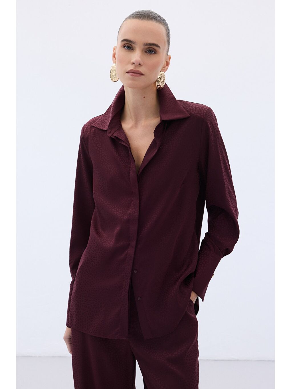 Jakarlı Düz Gömlek - Bordo-2