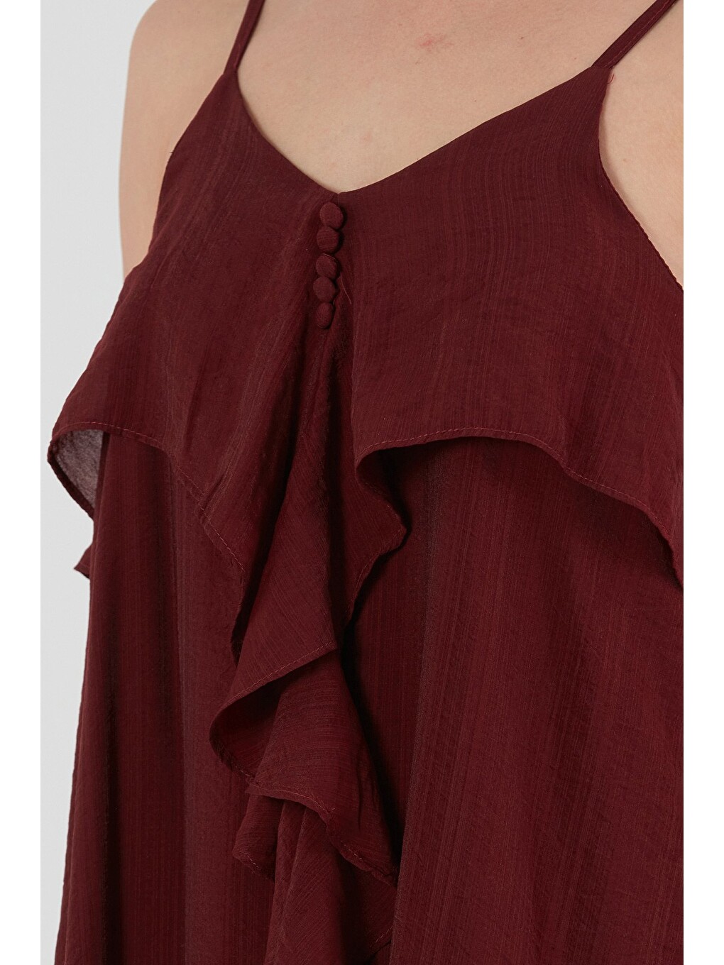 Bordo Askılı Önü Fırfırlı Salaş Elbise-4
