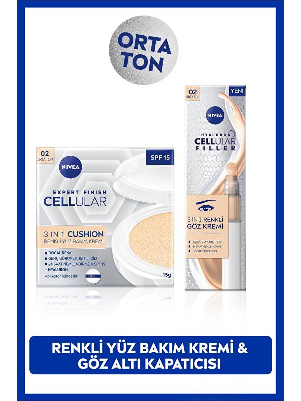 SPF15 Cellular Expert Finish Cushion Renkli Yüz Bakım Kremi 15ml ve Göz Bakım Kremi 15ml, Orta Ton