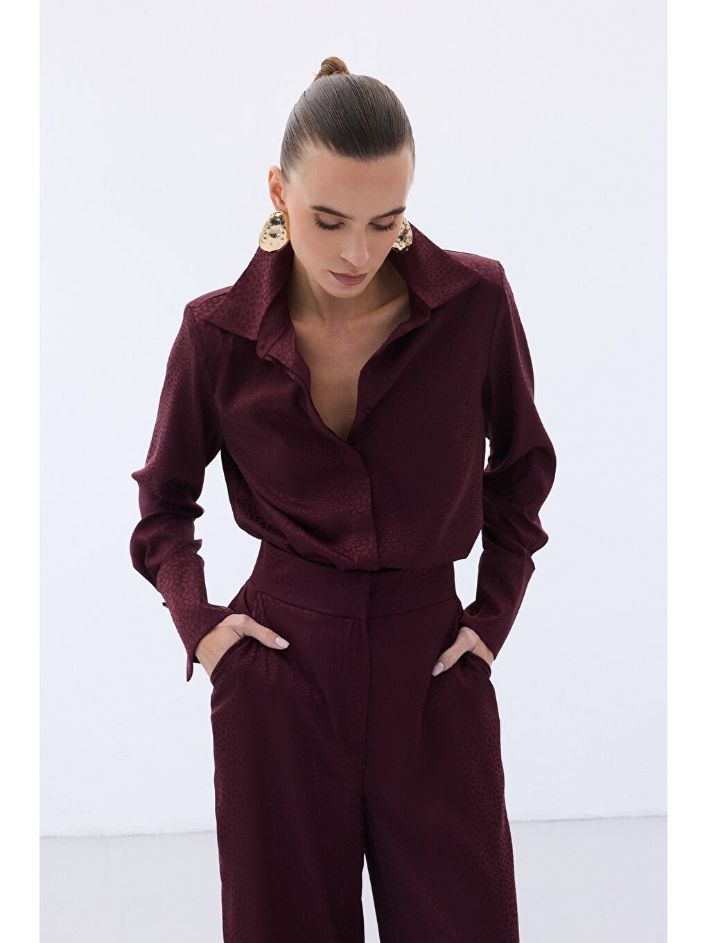 Jakarlı Düz Gömlek - Bordo-4