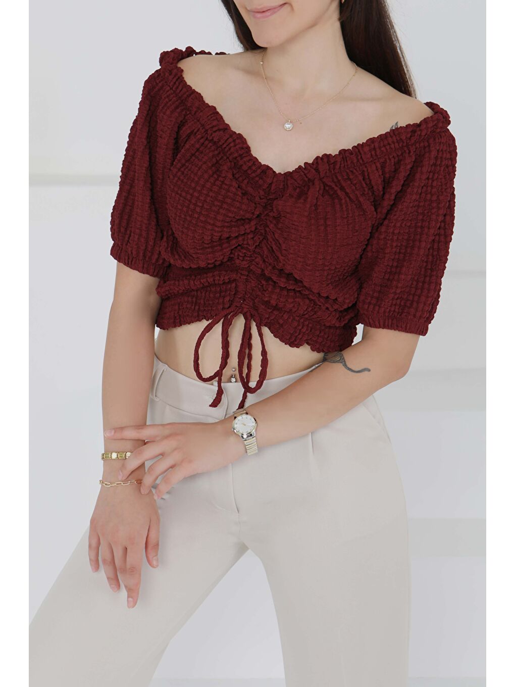 Buffle Büzgülü Crop Bordo - 27485