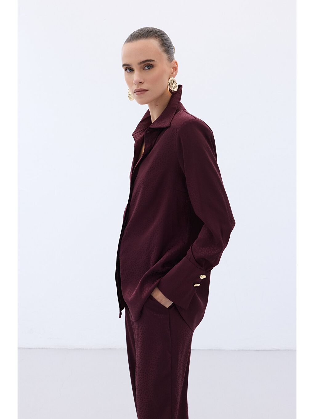 Jakarlı Düz Gömlek - Bordo-5