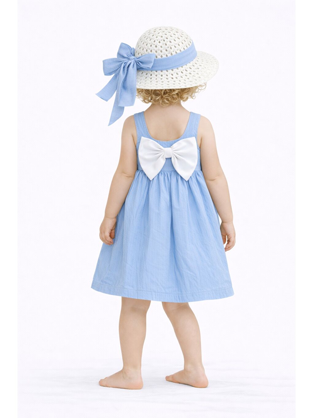Mavi Tatlı Kız Bebek Yazlık Fiyonklu Şapkalı Pamuklu 2'li elbise-1
