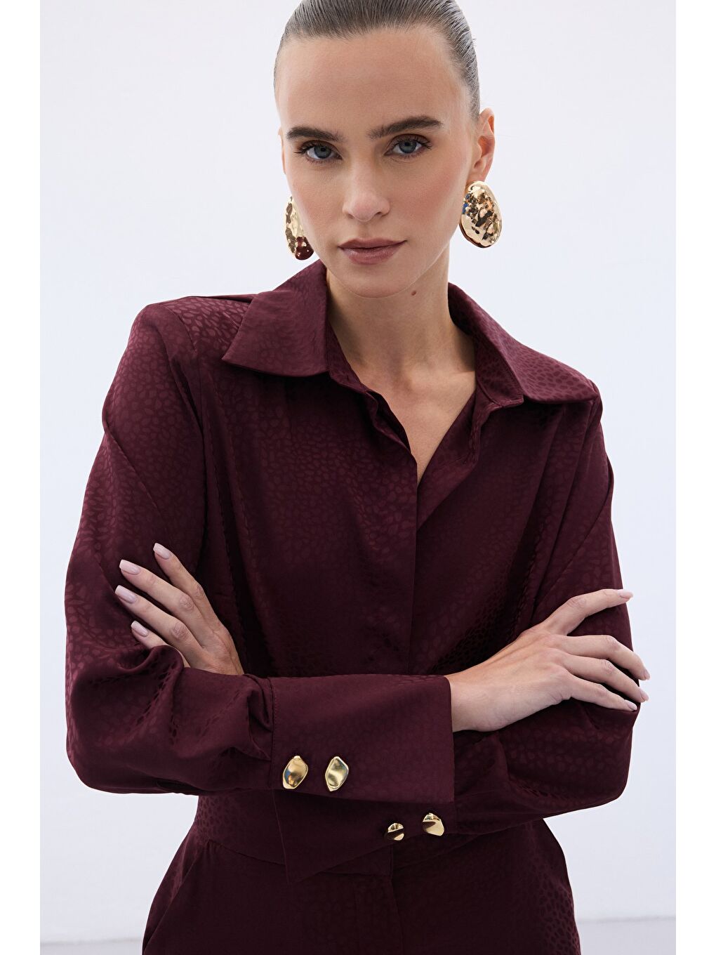 Jakarlı Düz Gömlek - Bordo-6