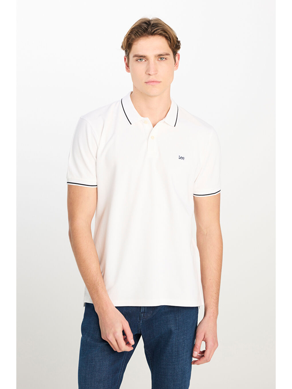 %100 Pamuk Regular Fit Normal Kesim Beyaz Polo Yaka Tişört-1