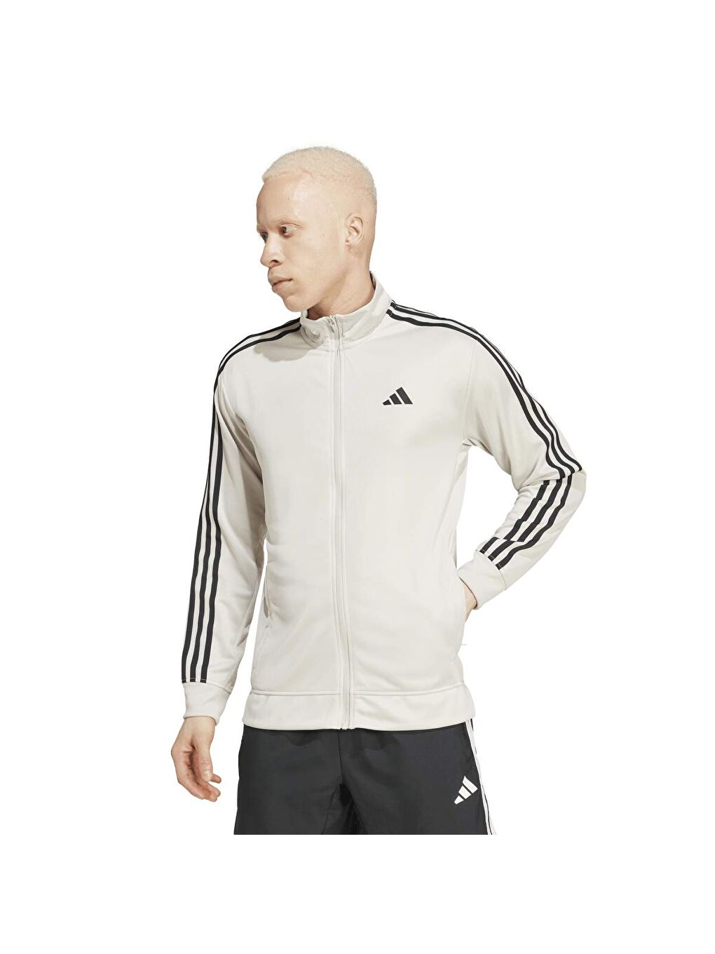 Train Essentials 3 Stripes Erkek Bej Dik Yaka Tişört