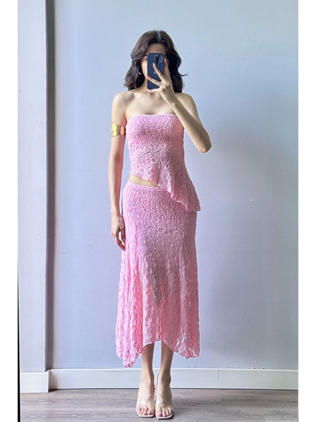 Kadın Pembe Dantel Crop Etek Takım 1026-221725-1