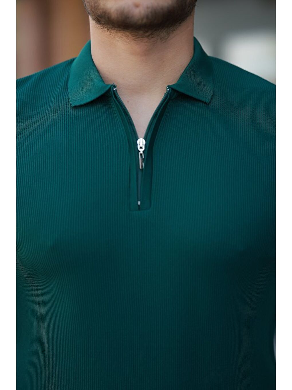 Yeşil Erkek Fermuarlı Yakalı Kısa Kollu Tshirt-2