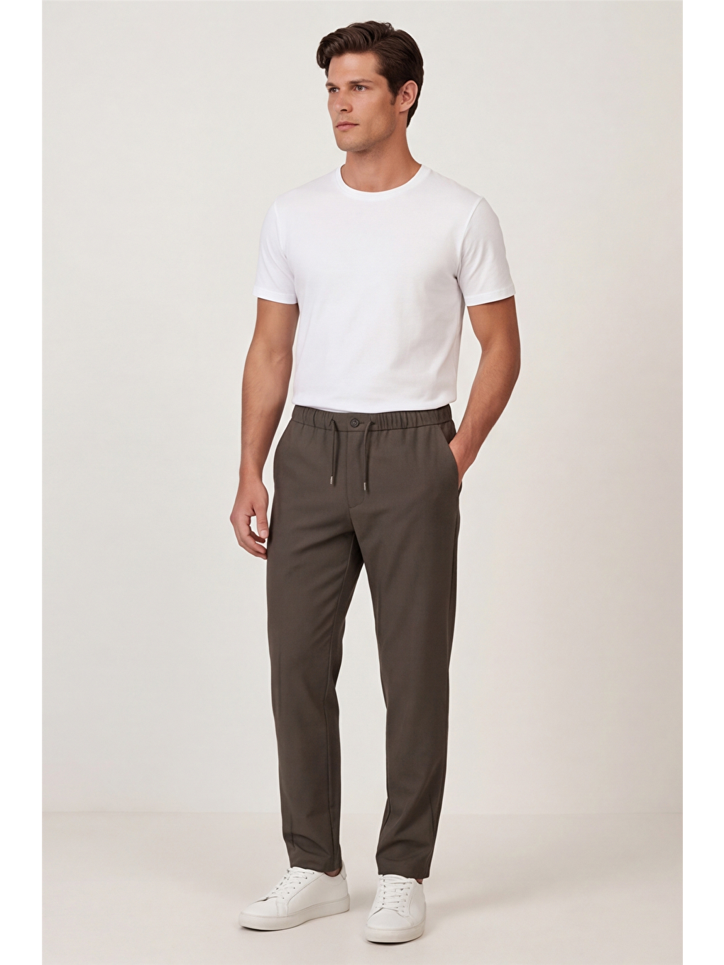 Erkek Haki Normal Kesim Regular Fit Pamuklu Armürlü Bel Lastikli Jogger Pantolon-3
