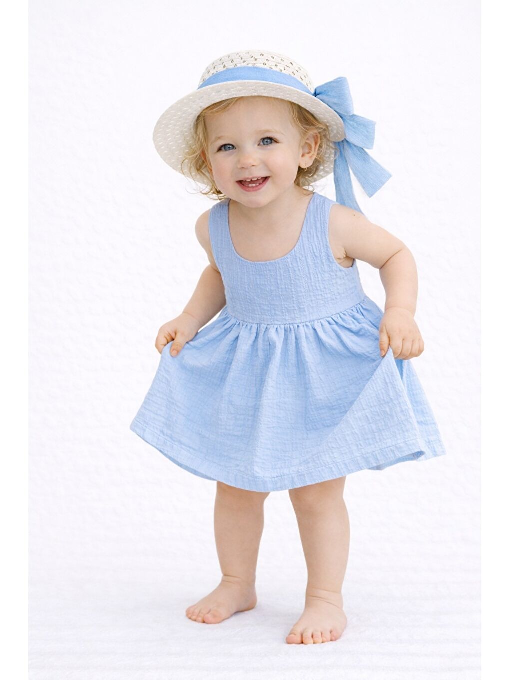 Mavi Tatlı Kız Bebek Yazlık Fiyonklu Şapkalı Pamuklu 2'li elbise-3