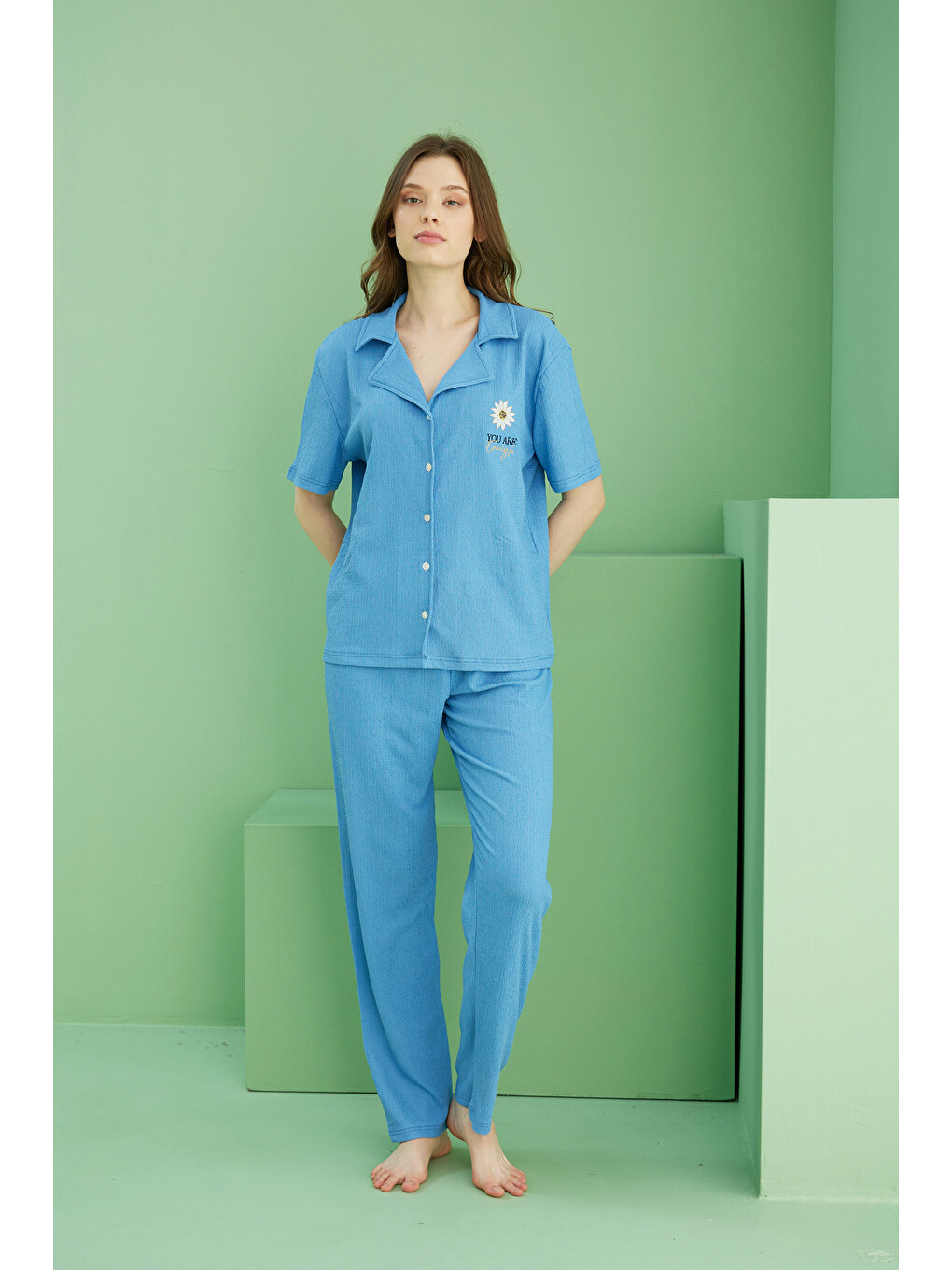 Mavi Bürümcük Krınkıl Kumaş Örme Düğmeli Pijama Takım25118566-1