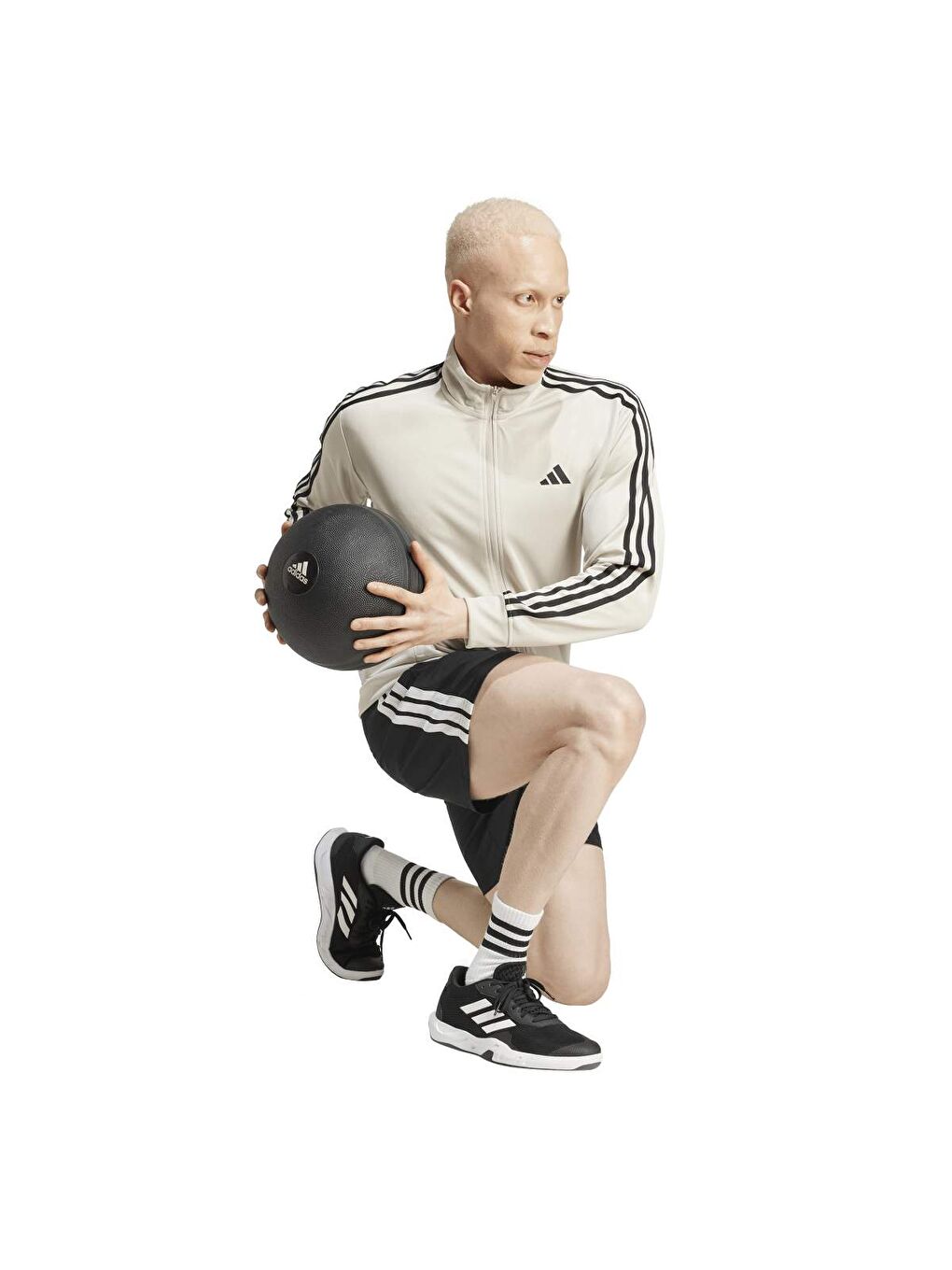 Train Essentials 3 Stripes Erkek Bej Dik Yaka Tişört-4