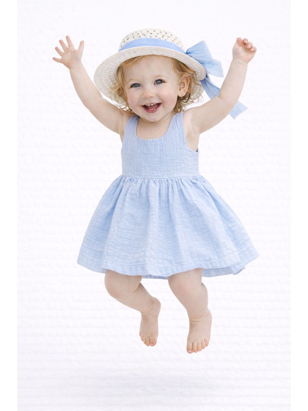 Mavi Tatlı Kız Bebek Yazlık Fiyonklu Şapkalı Pamuklu 2'li elbise-4