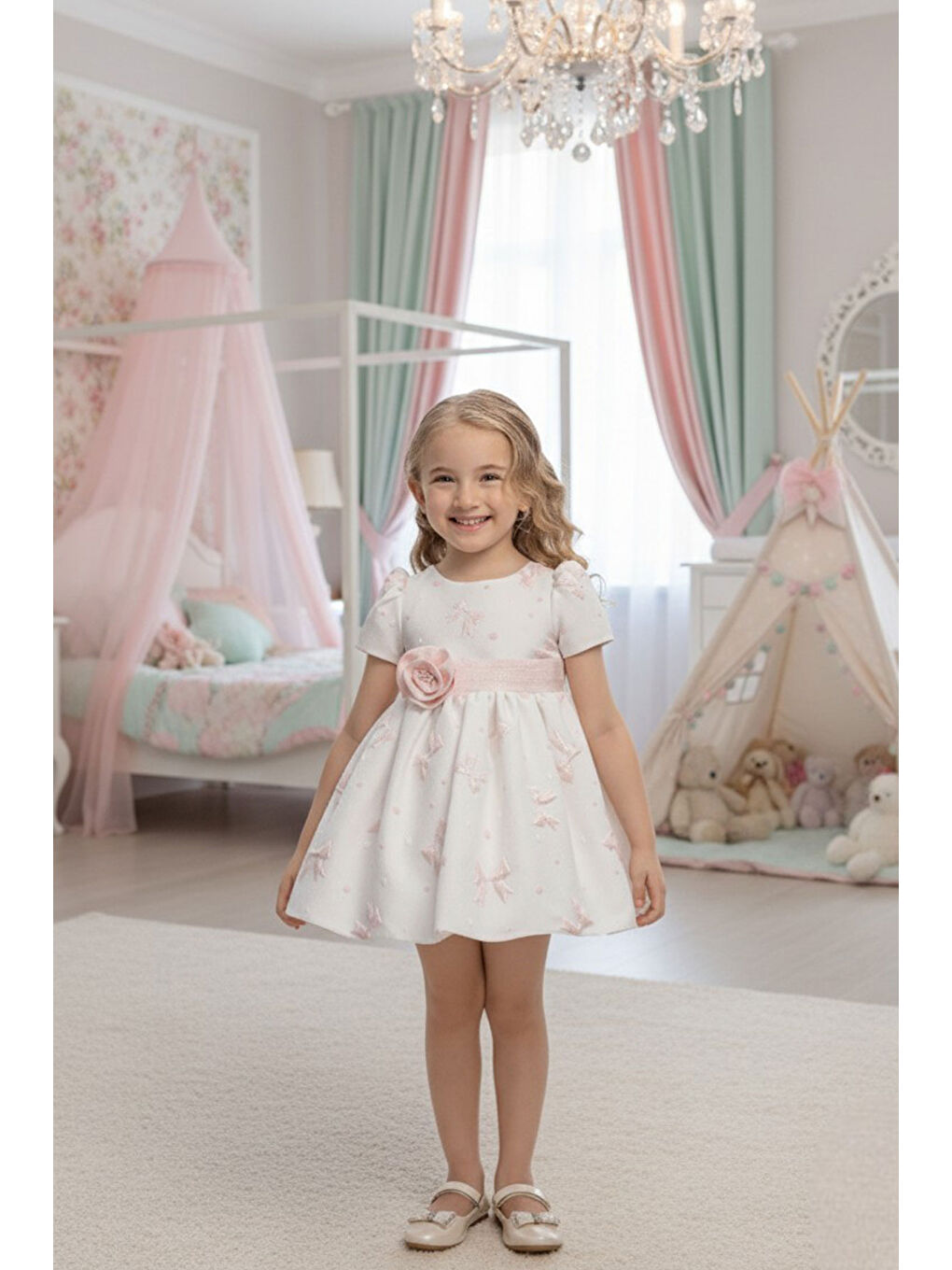 Bej Fiyonk Desen Kuşak Detaylı Bebek Elbise