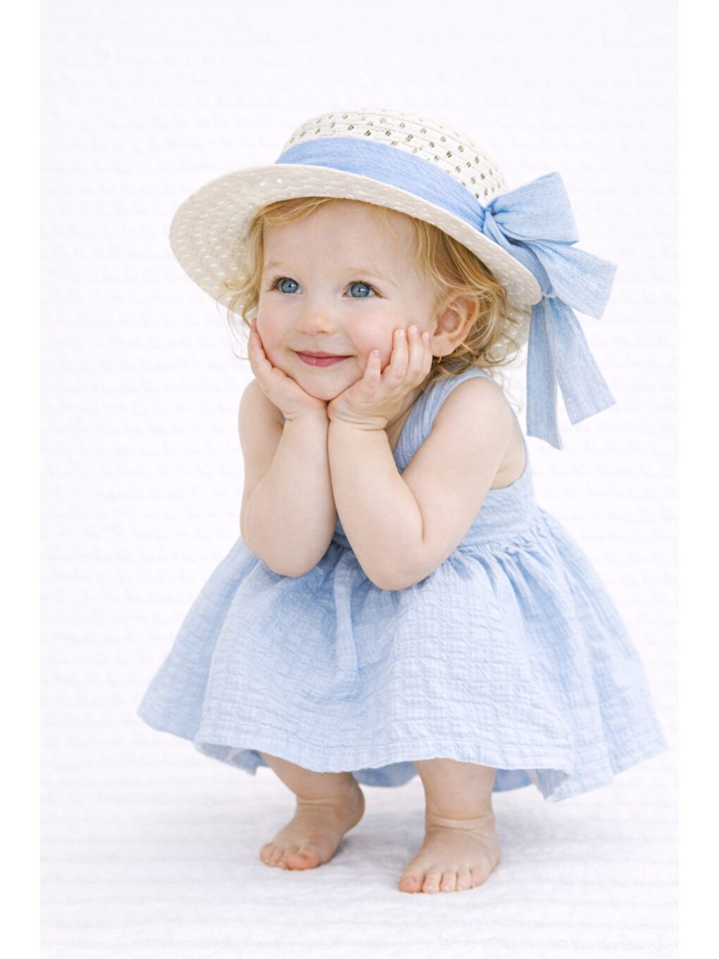 Mavi Tatlı Kız Bebek Yazlık Fiyonklu Şapkalı Pamuklu 2'li elbise-5