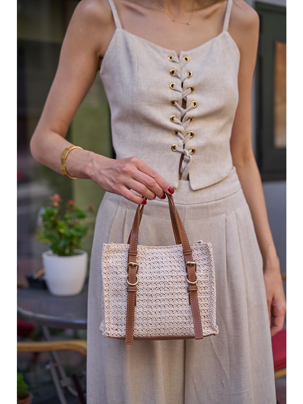 Kahverengi Hasır Detaylı Tokalı El Ve Omuz Çantası Krem Taba-7
