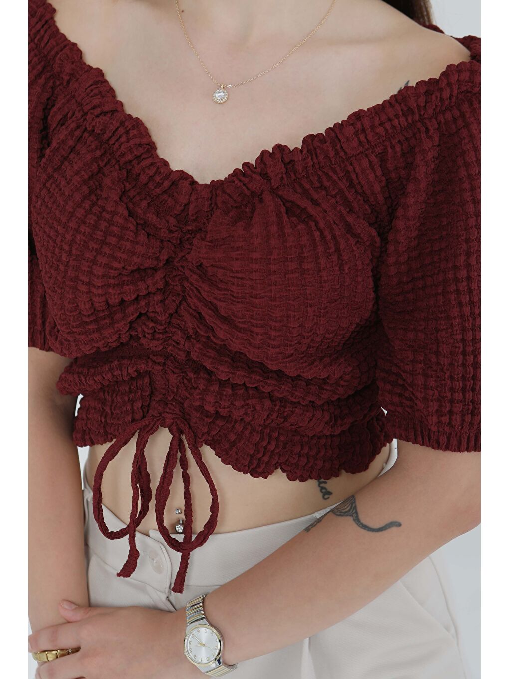 Buffle Büzgülü Crop Bordo - 27485-2