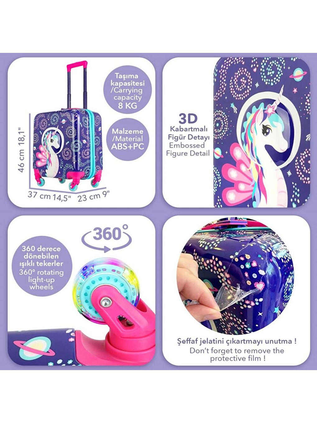 Karışık Renkli Işıklı Tekerlekli Çekçekli Çocuk Valiz 3d Ayris Tasarımlı-7