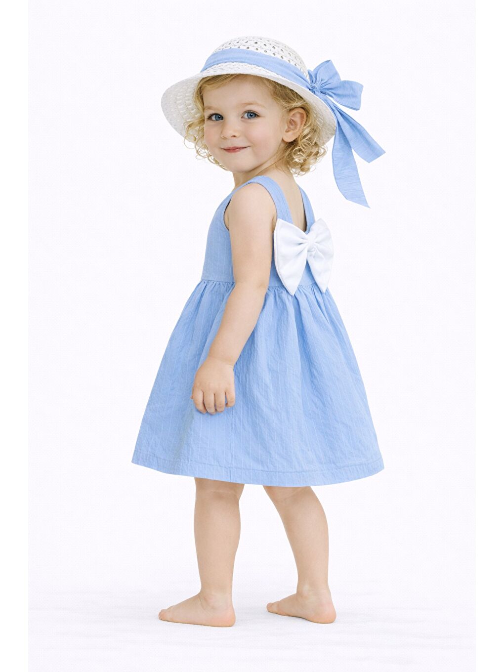 Mavi Tatlı Kız Bebek Yazlık Fiyonklu Şapkalı Pamuklu 2'li elbise-6