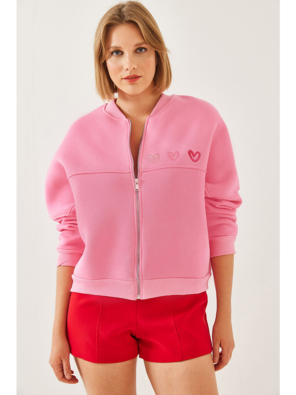 Pembe Kadın Kalp Nakışlı Üç İplik Şardonlu Hırka-4