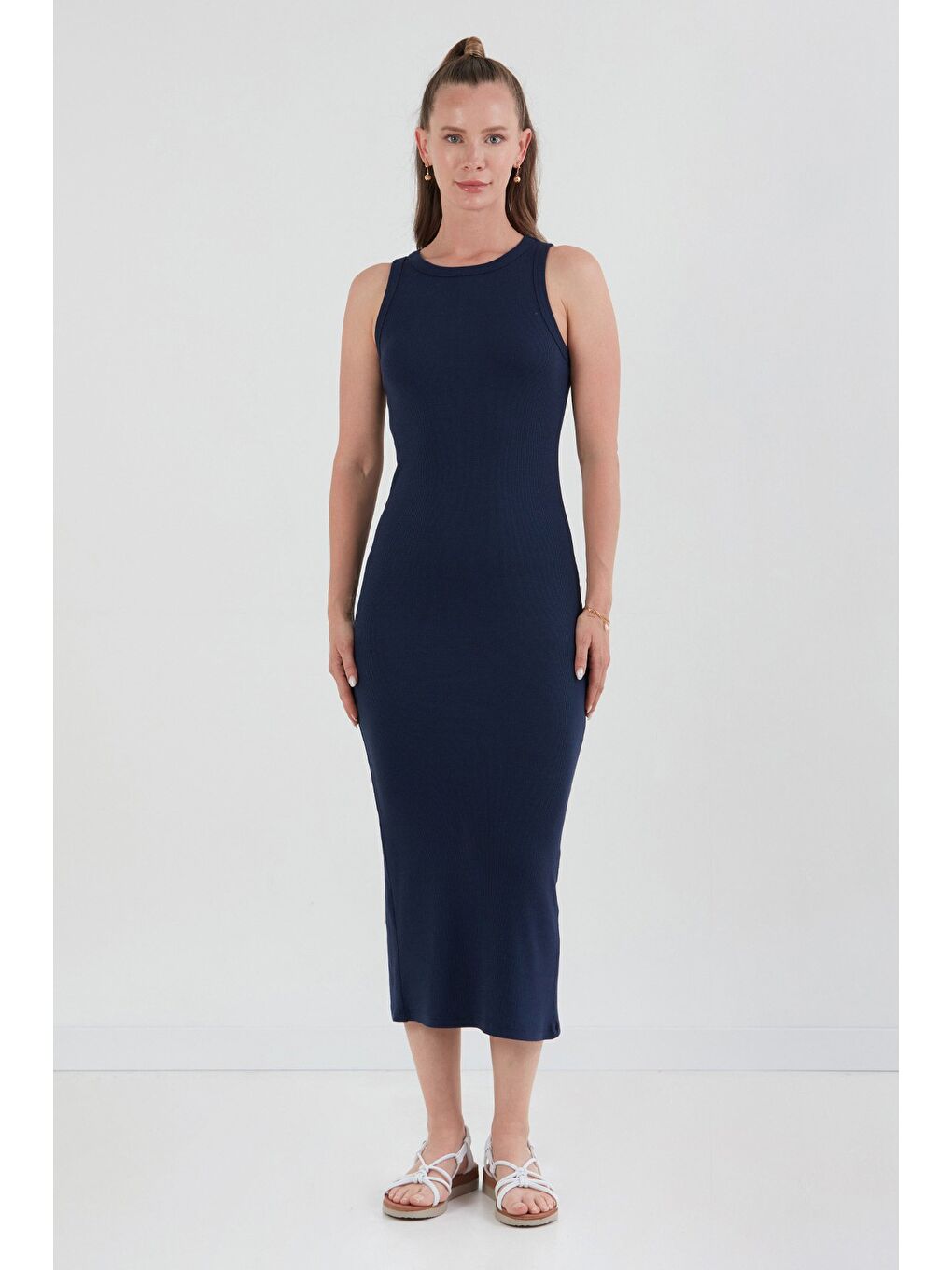 Lacivert Basic Fitilli Halter Yaka Yırtmaçlı Elbise