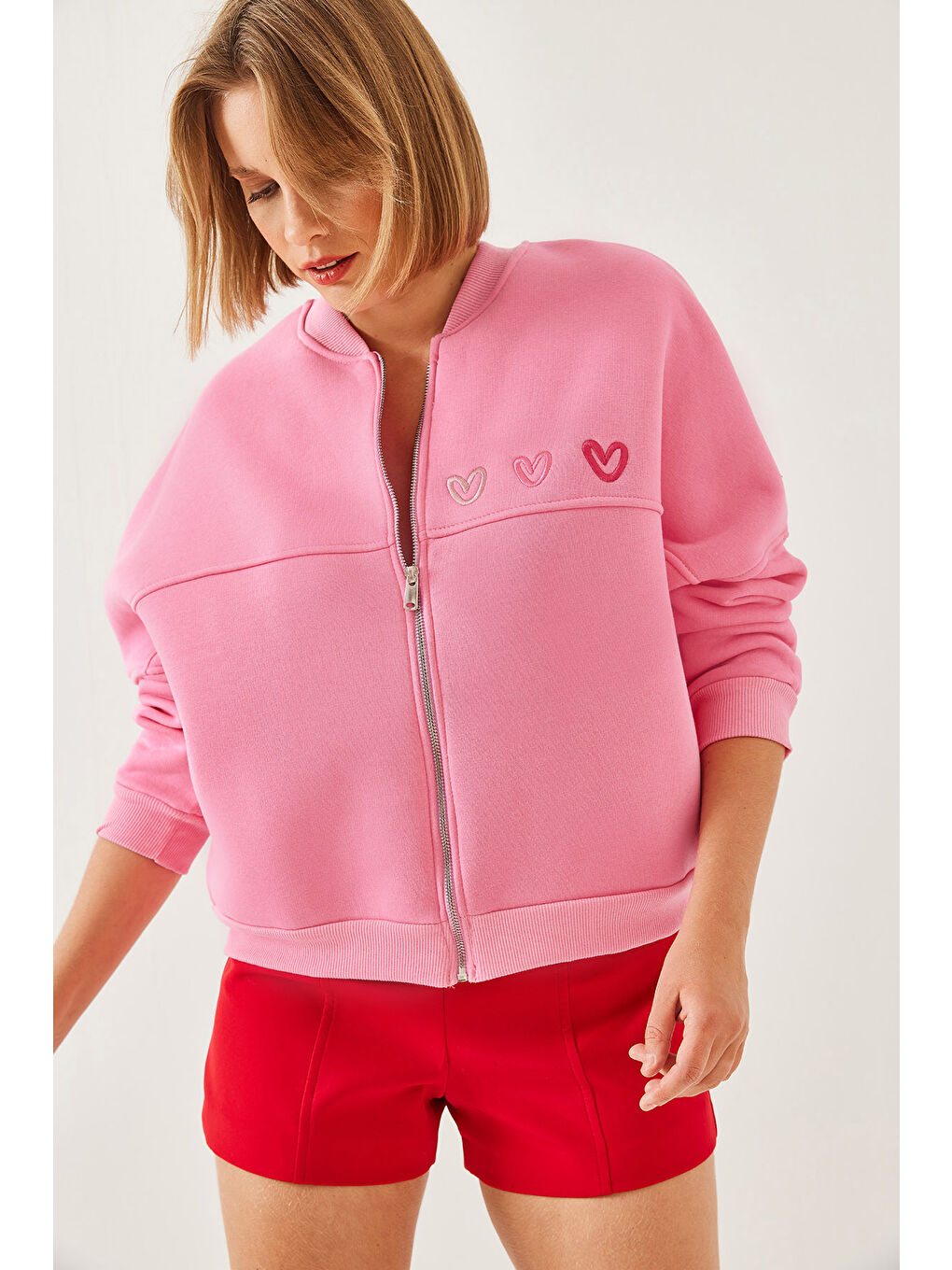 Pembe Kadın Kalp Nakışlı Üç İplik Şardonlu Hırka-5