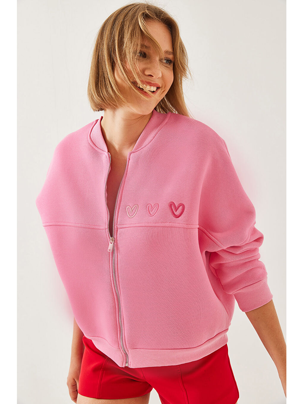 Pembe Kadın Kalp Nakışlı Üç İplik Şardonlu Hırka-6