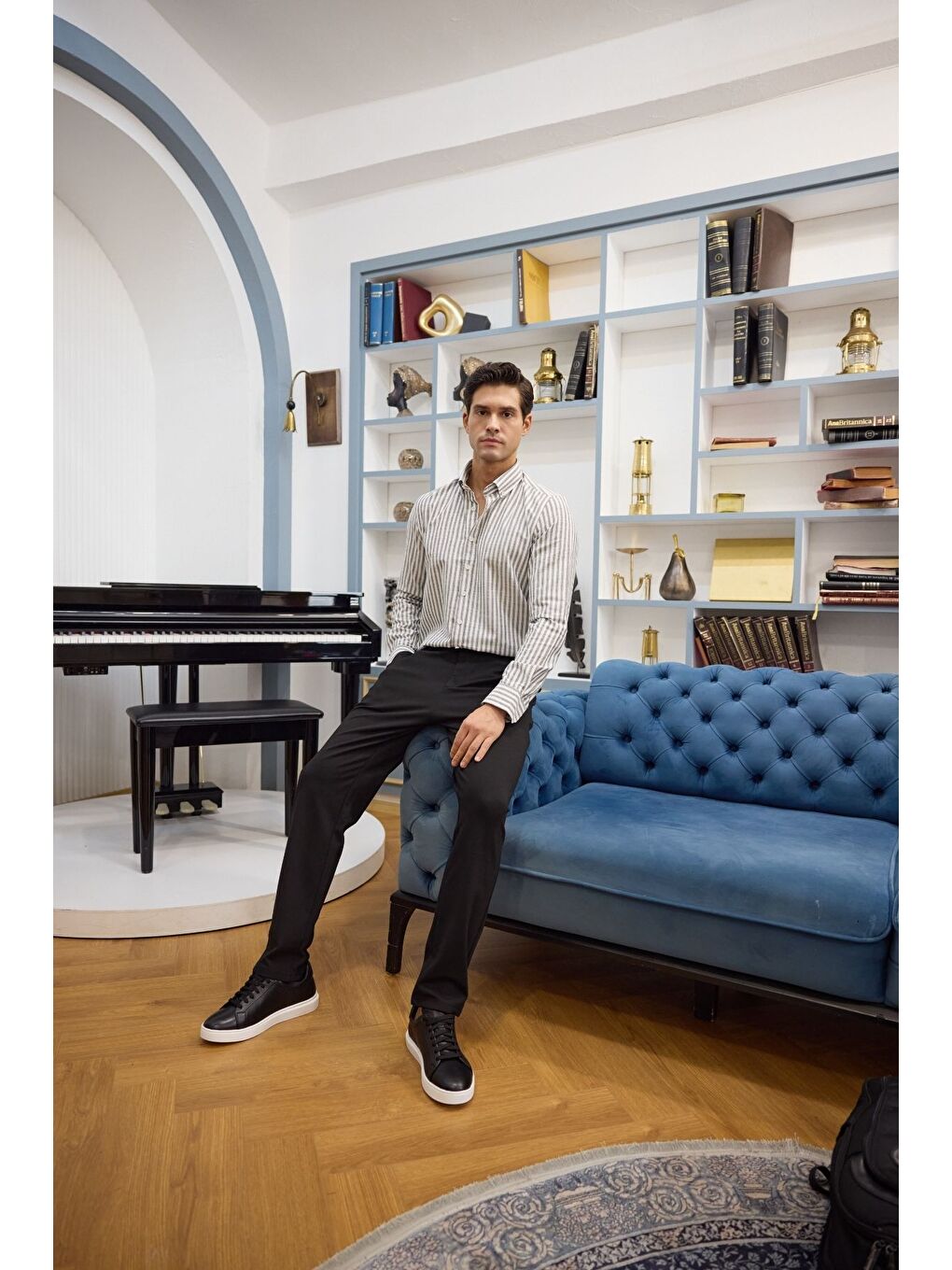 Gri Senoc Erkek Gömlek Modern Slim Fit Keten Görünümlü Kalın Çizgili-1