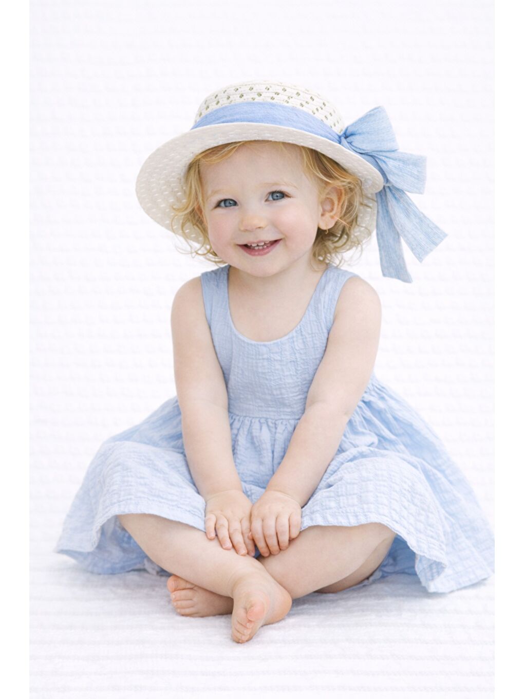 Mavi Tatlı Kız Bebek Yazlık Fiyonklu Şapkalı Pamuklu 2'li elbise-7