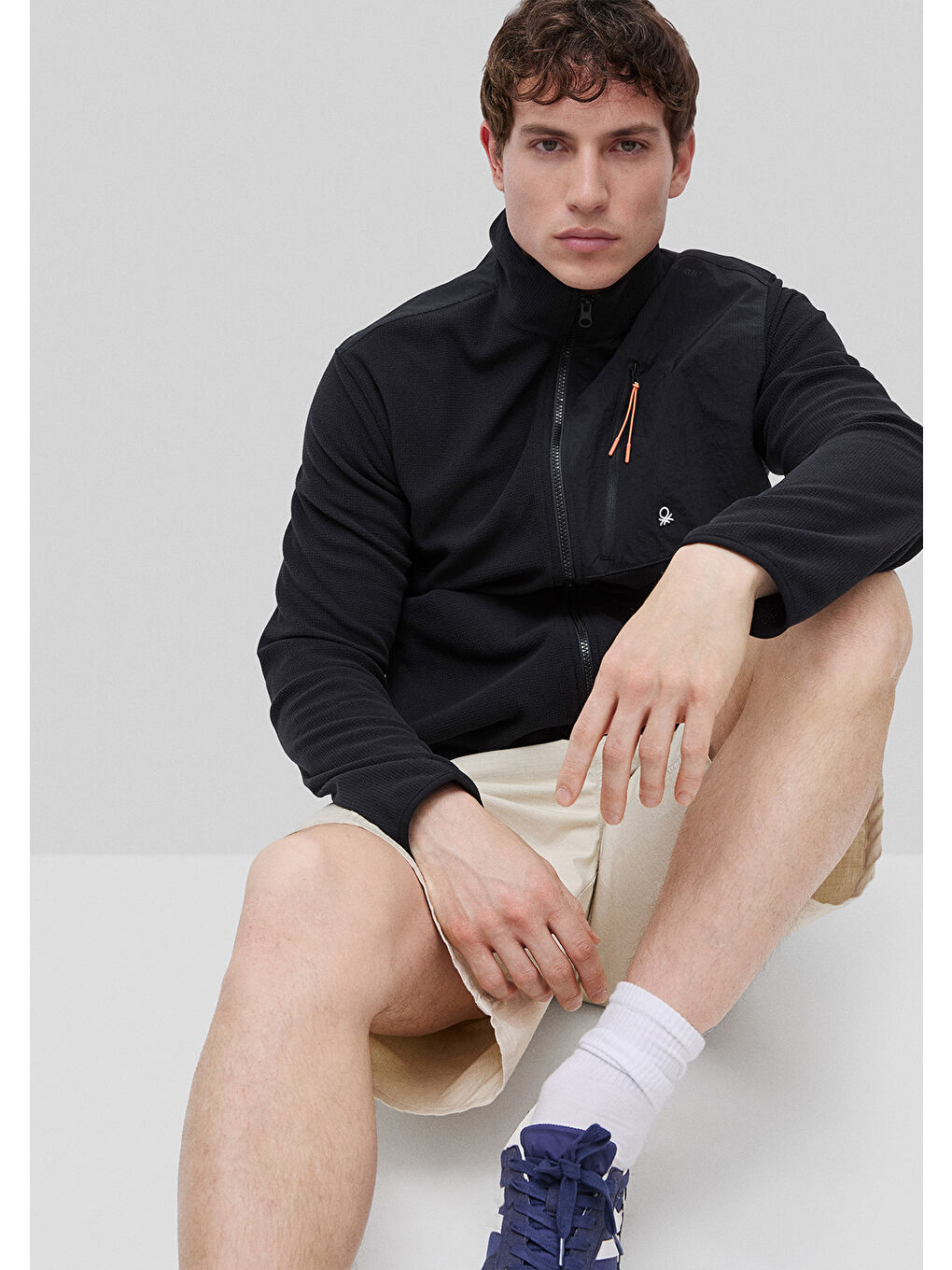 Erkek Siyah  Deri Detaylı Logolu Fermuarlı Sweatshirt-2