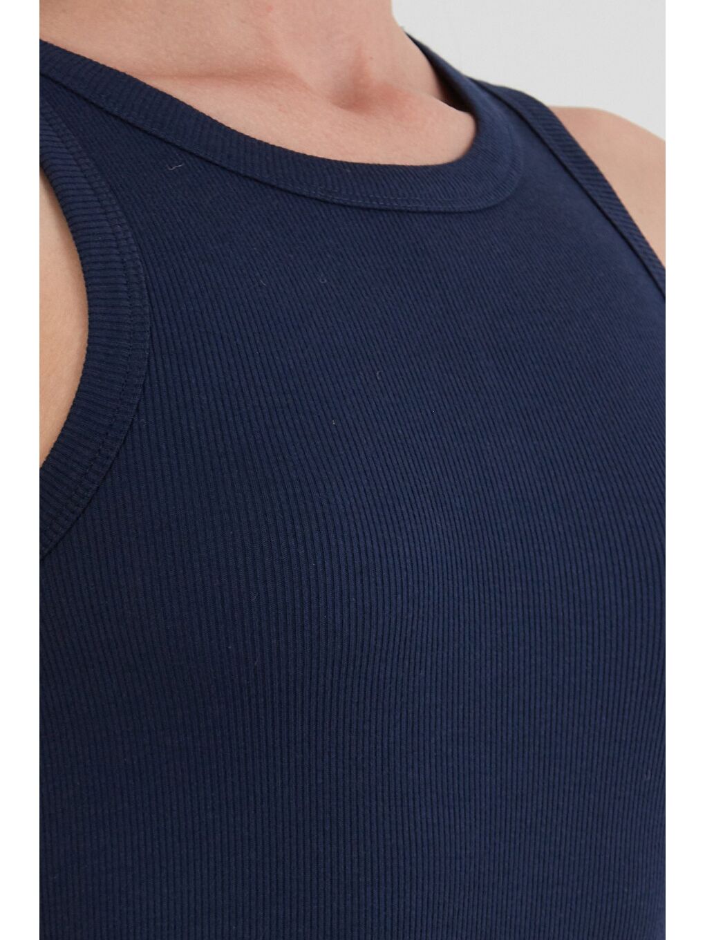 Lacivert Basic Fitilli Halter Yaka Yırtmaçlı Elbise-4