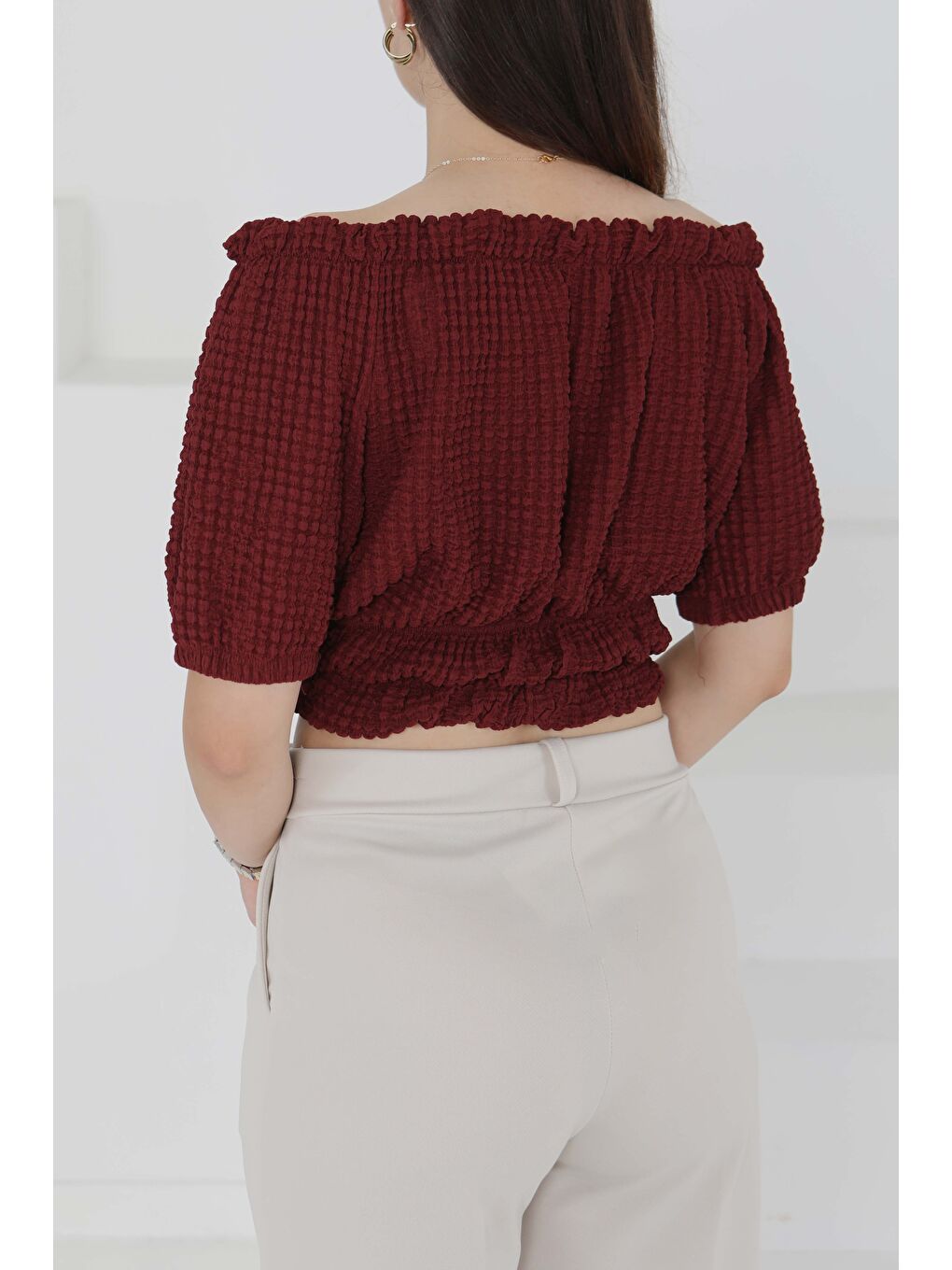 Buffle Büzgülü Crop Bordo - 27485-3