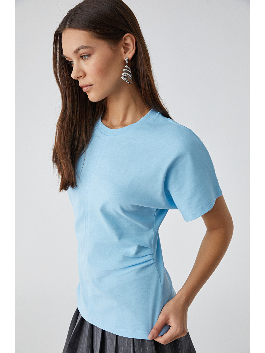 Nexus Kadın Regular Bisiklet Yaka Büzgü Mavi T-shirt-2