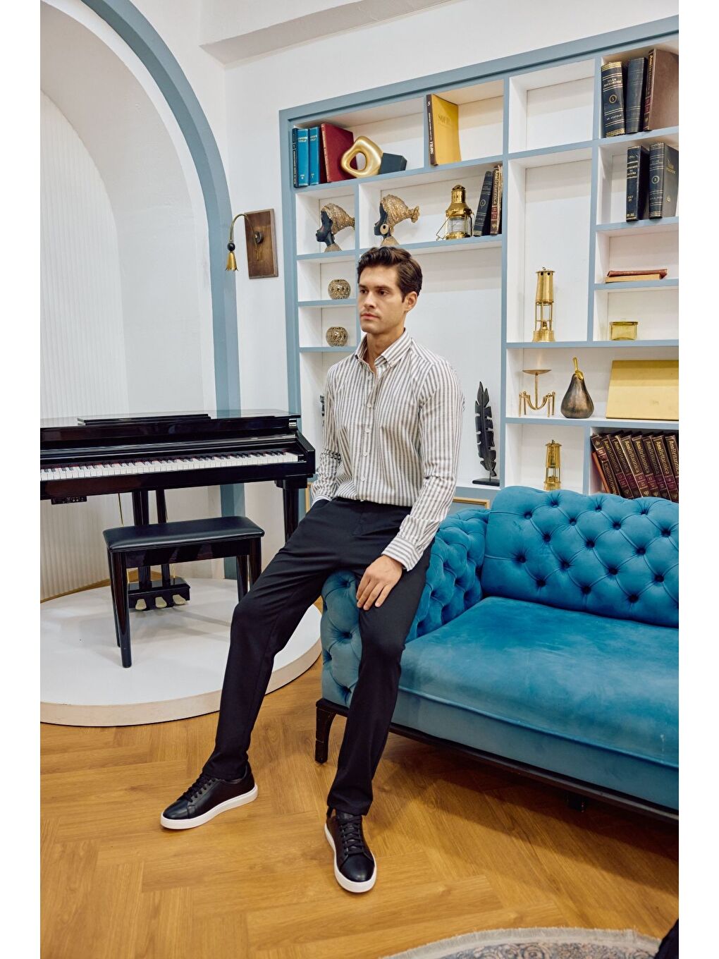 Gri Senoc Erkek Gömlek Modern Slim Fit Keten Görünümlü Kalın Çizgili-3