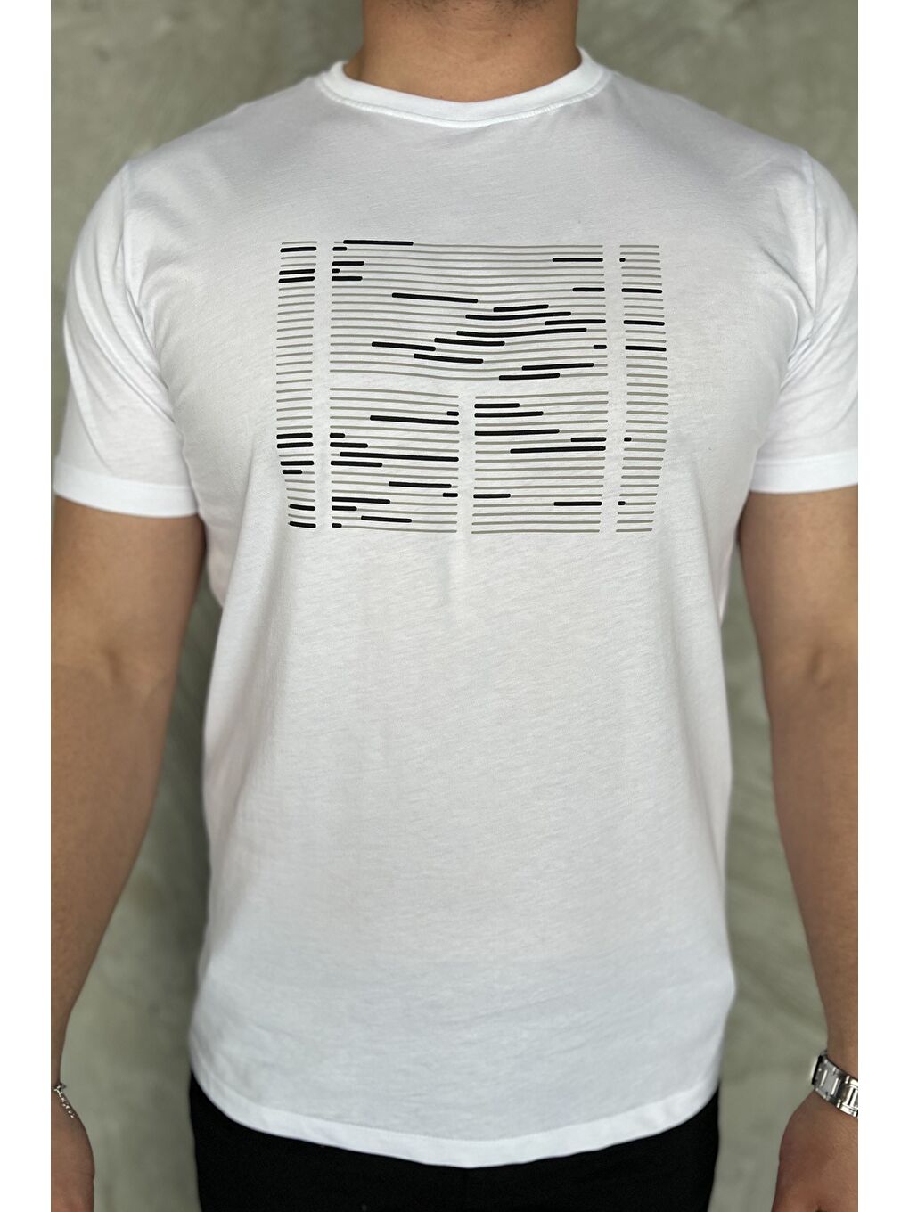 Beyaz Bisiklet Yaka Ön Baskılı Erkek Tişört-3