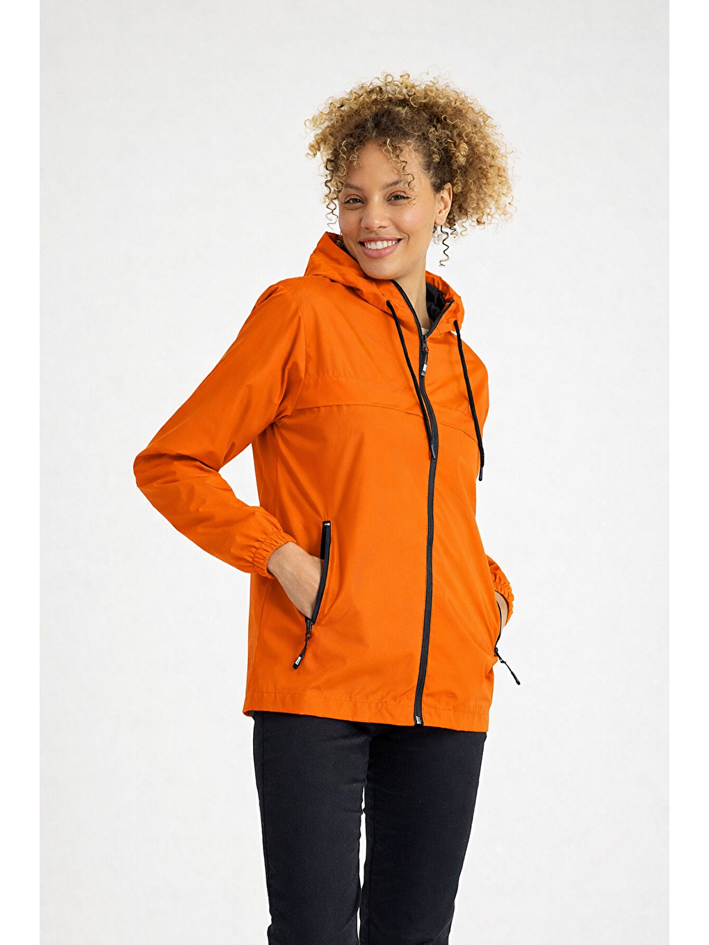 Turuncu Kadın Içi Astarlı Suya Dayanıklı Kapüşonlu Yağmurluk-1