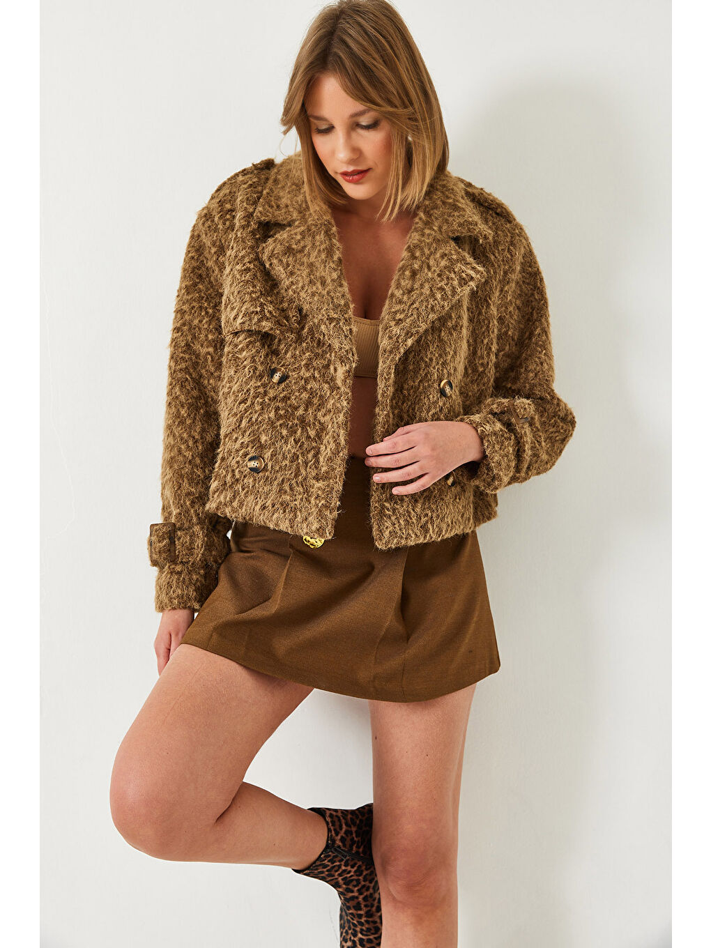 Kahverengi Kadın Kırçıllı Astarlı Kaşe Ceket