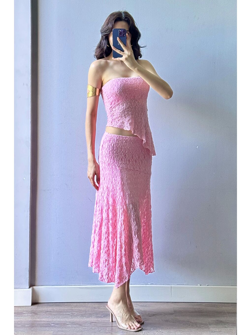 Kadın Pembe Dantel Crop Etek Takım 1026-221725-2