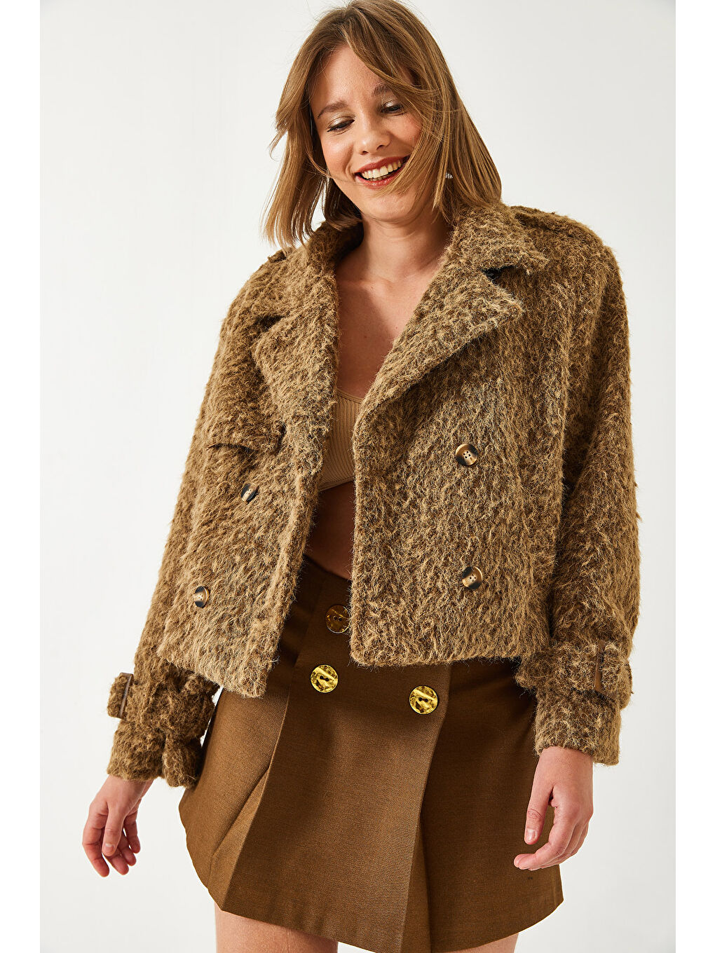 Kahverengi Kadın Kırçıllı Astarlı Kaşe Ceket-1