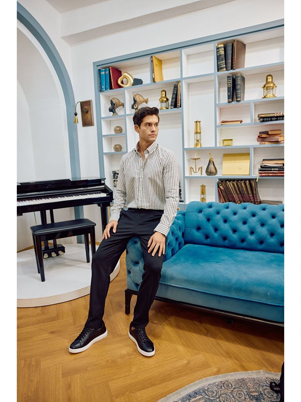 Gri Senoc Erkek Gömlek Modern Slim Fit Keten Görünümlü Kalın Çizgili-4