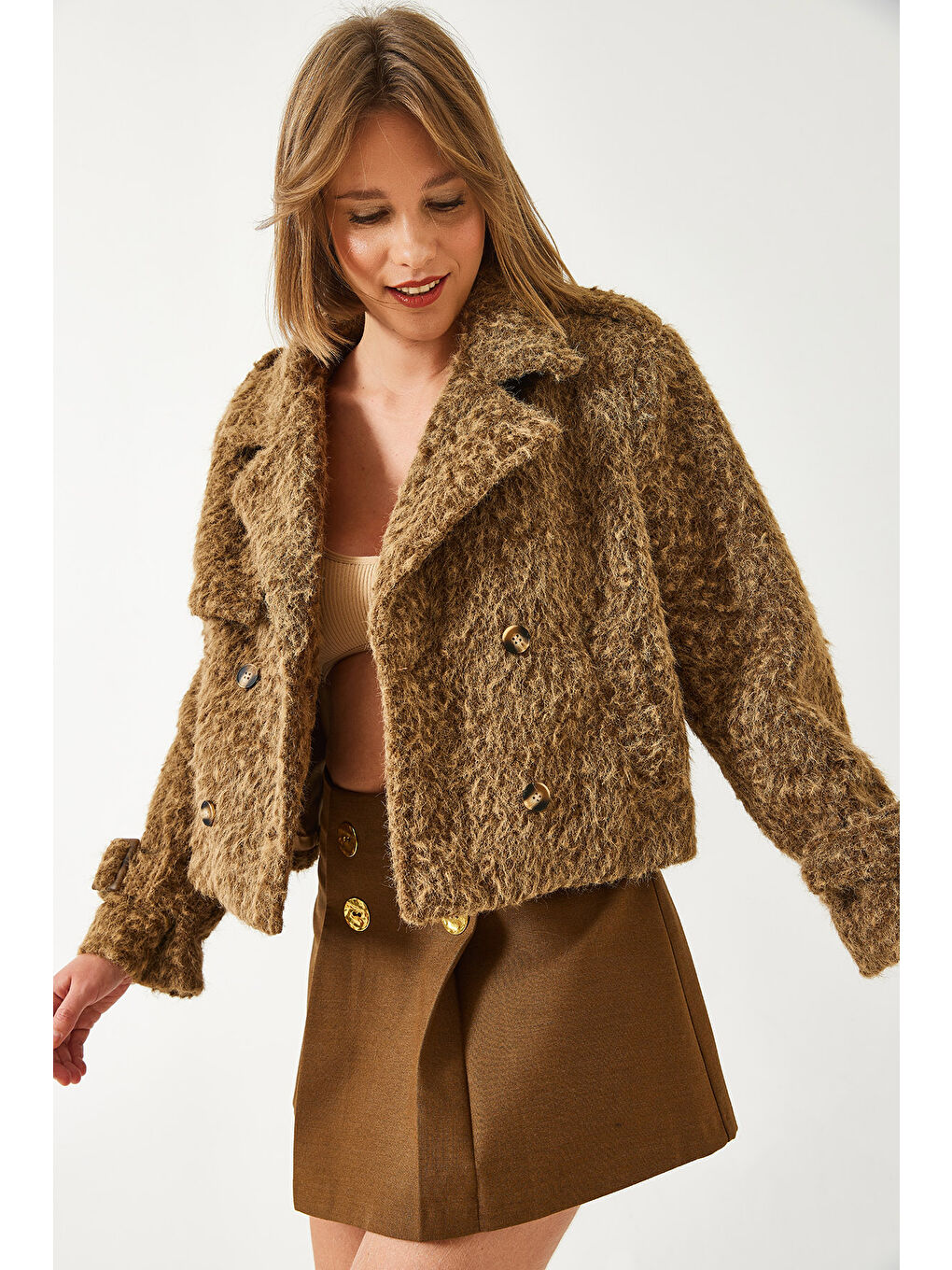 Kahverengi Kadın Kırçıllı Astarlı Kaşe Ceket-2