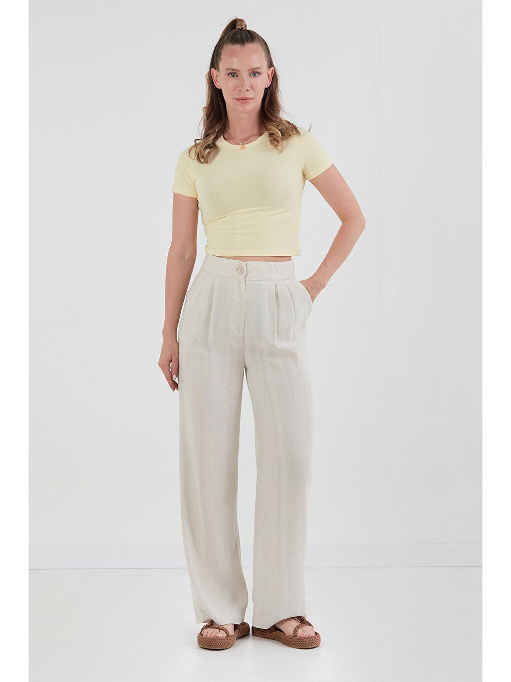Bej Yüksek Bel Palazzo Keten Pantolon