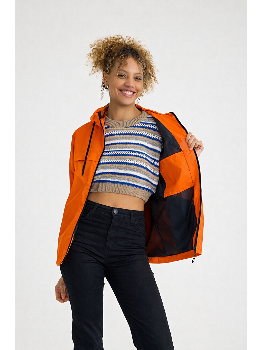 Turuncu Kadın Içi Astarlı Suya Dayanıklı Kapüşonlu Yağmurluk-2