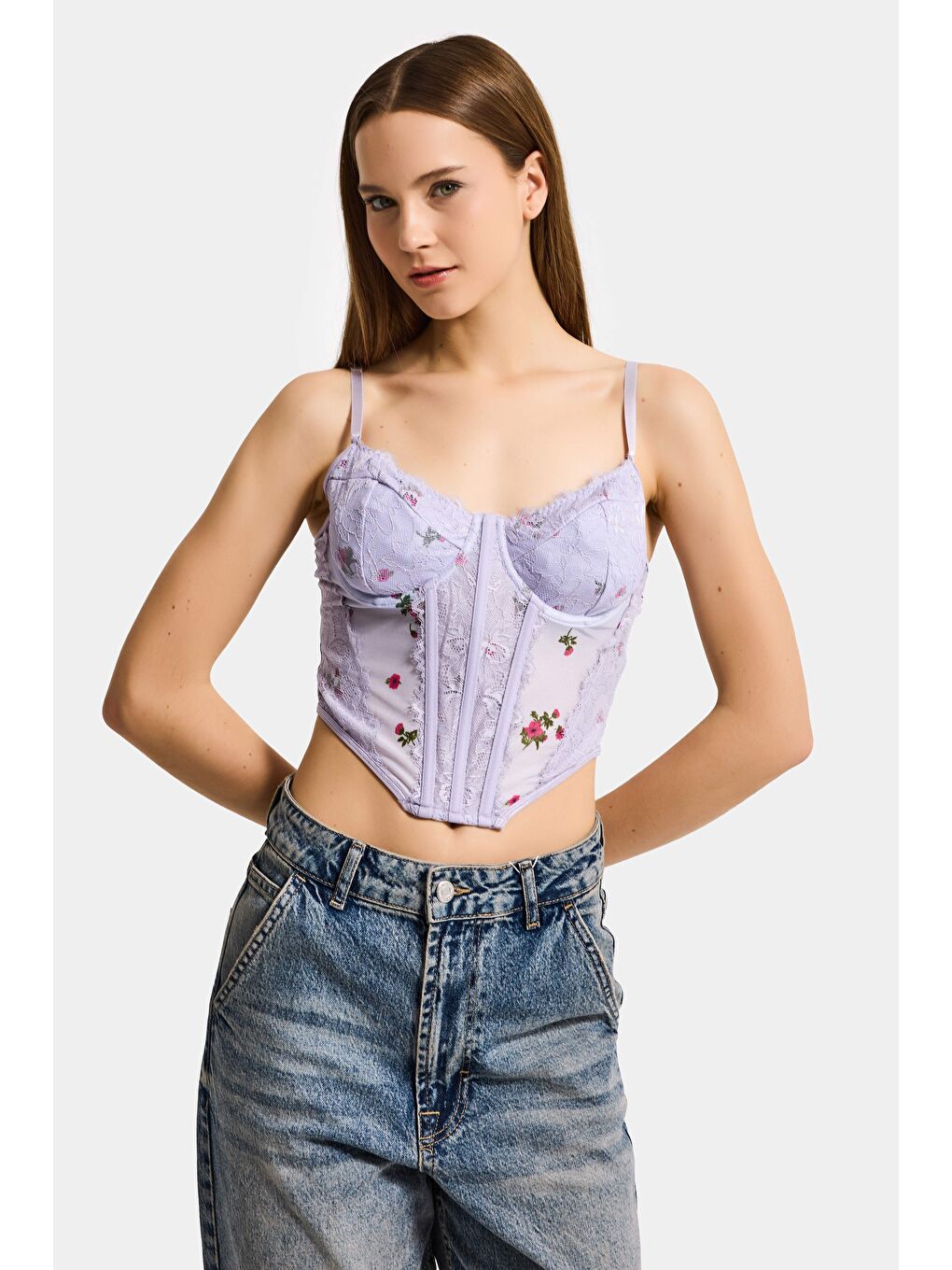 Mor Kadın Lila w5 Balenli Dantel Çiçek Desenli Özel Tasarım Askılı Büstiyer-2