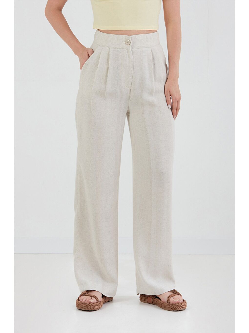 Bej Yüksek Bel Palazzo Keten Pantolon-1