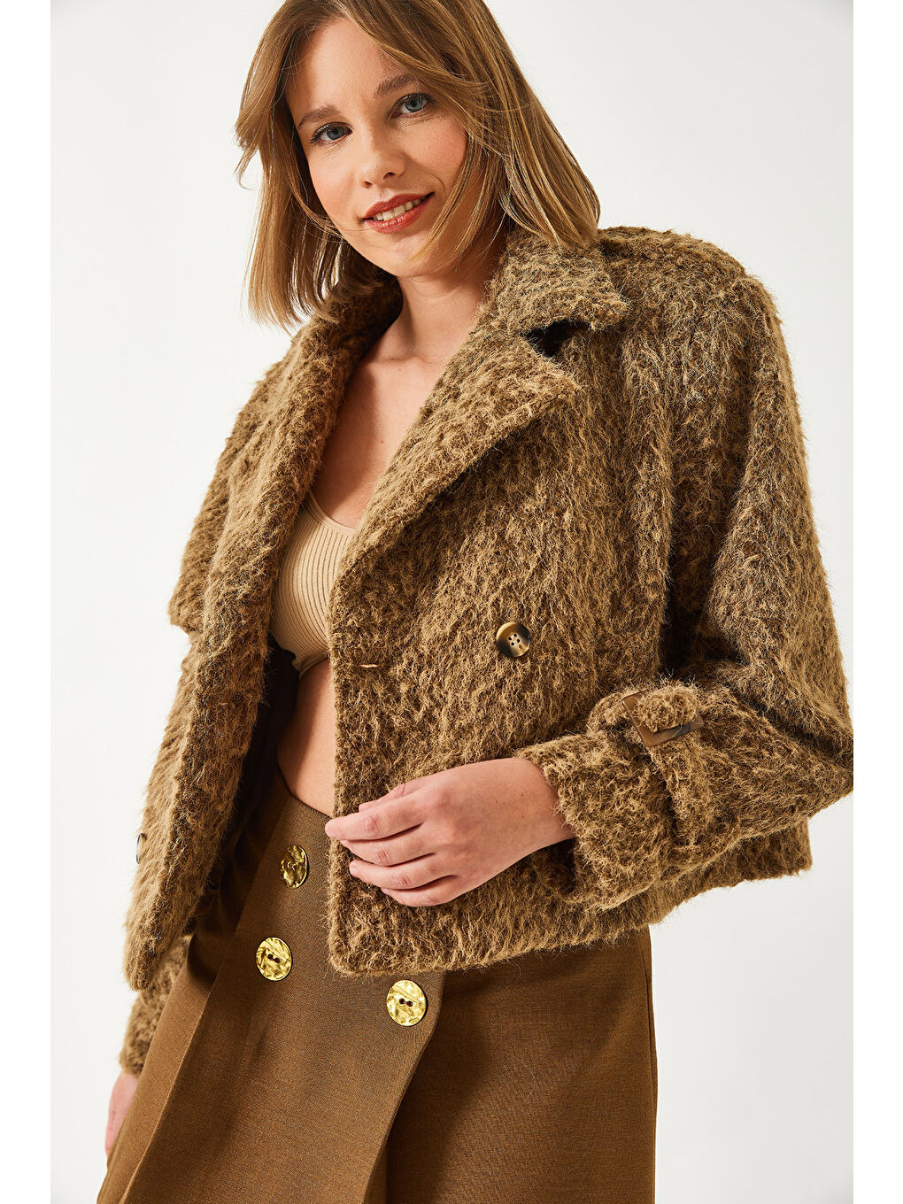 Kahverengi Kadın Kırçıllı Astarlı Kaşe Ceket-3