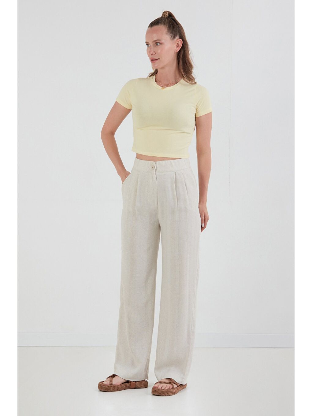 Bej Yüksek Bel Palazzo Keten Pantolon-2