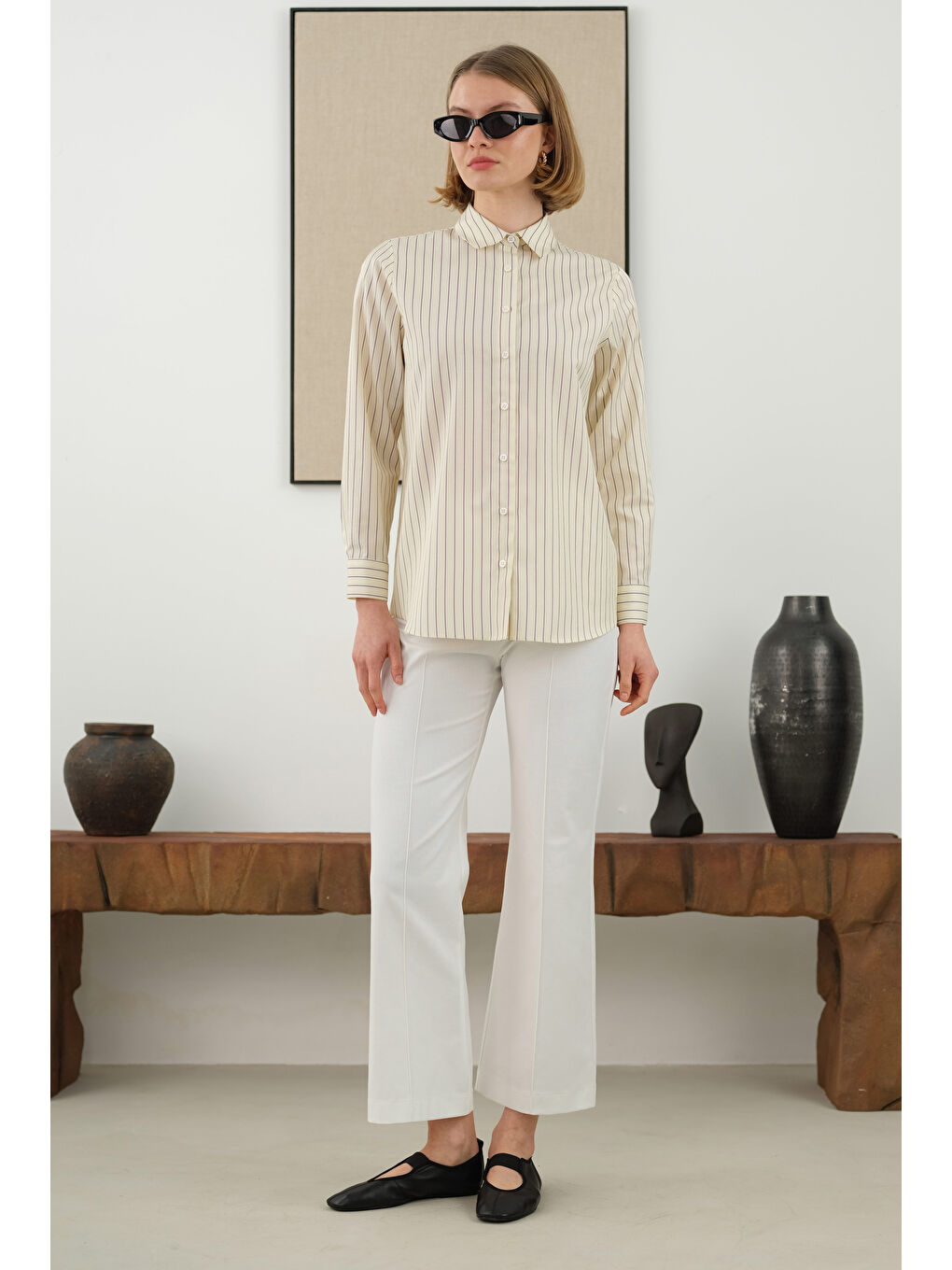 Çizgili Fit Gömlek Soft Sarı-1